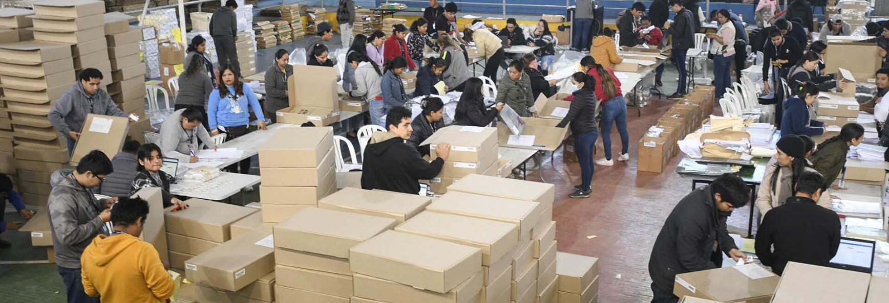 Workers at the Santa Cruz Departmental Electoral Tribunal (TED) prepare ballot boxes for shipment to the provinces of this department, during preparations for the upcoming election, in Santa Cruz, Bolivia on 9 August 2025.