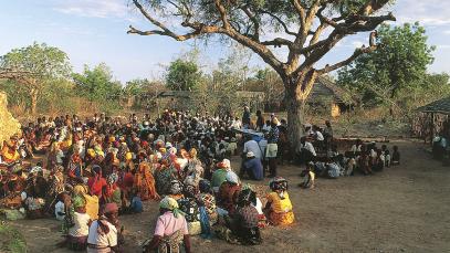 Photo of people at a rally in a village on Ibo Island, Mozambique.