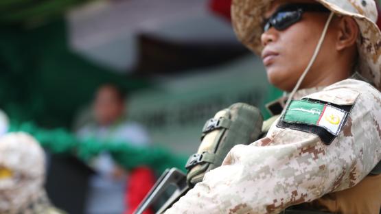 BANGSAMORO AUTONOMOUS REGION, PHILIPPINES - MARCH 09: Soldiers take security measures as more than tens of thousands BIAF-MILF (The Bangsamoro Islamic Armed Forces of the Moro Islamic Liberation Front) members attend a gathering named 'BIAF Consultation Meeting' to give some updates on the Bangsamoro Government at Camp Darapanan in Sultan Kudarat, Maguindanao del Norte, Bangsamoro Region of Philippines on March 9, 2024.
