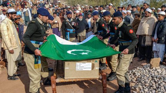 Pakistan&rsquo;s army personnel take part in a funeral ceremony of a soldier killed in an attack in the Makeen area of Khyber Pakhtunkhwa province on 22 December 2024.