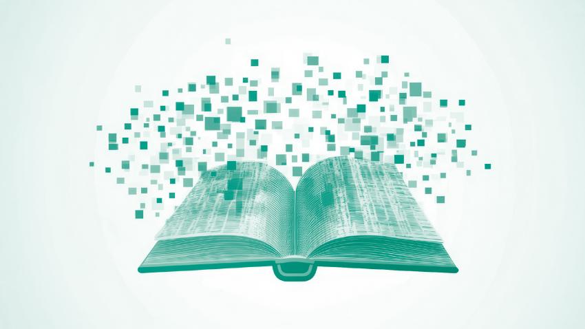 Illustration of an open book with blocks representing information arising from the pages.